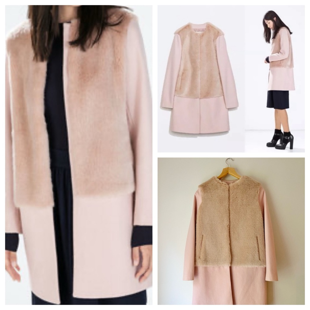 Zara Womens Pink Wool Blend Faux Fur Coat Size US S NWOT